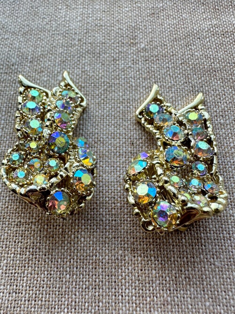 Vintage BSK Aurora Borealis Rhinestone Clip On Earrings Gold Tone 1950s 1960s